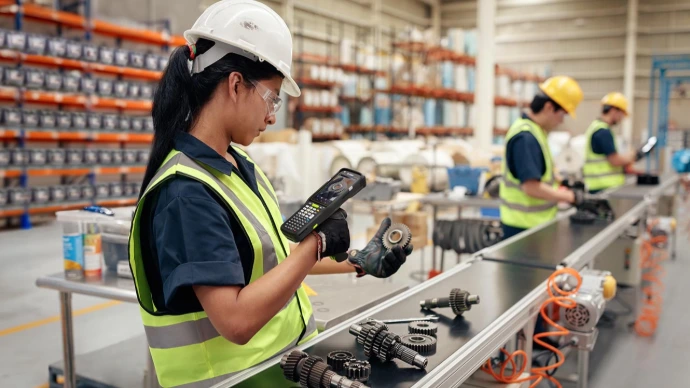 Femme utilisant un terminal mobile en entrepot