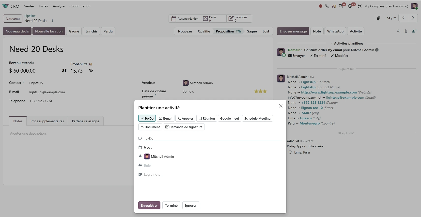 planifier une activité sur odoo 20