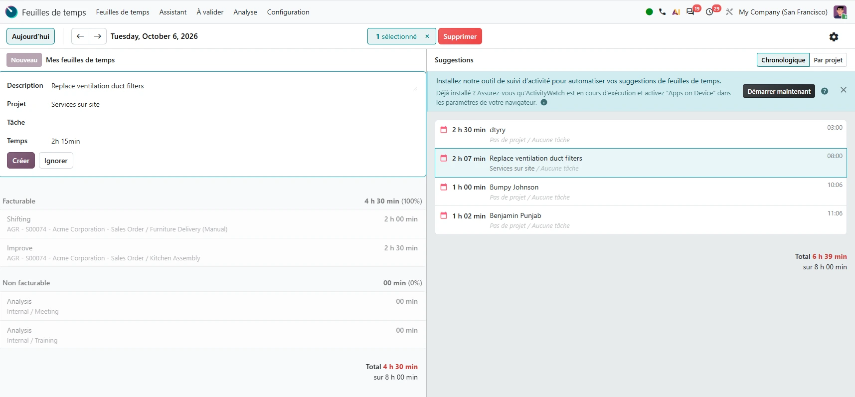 Feuilles de temps sur odoo 20